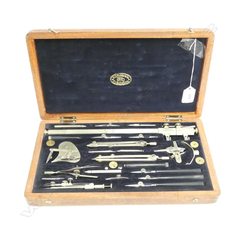 PLANIMETER CASED PRECISION SET BY EO RICHTER & CO - POLISHED TIMBER, VELVET LINED CASE - 29 BRASS & STEEL INSTRUMENTS Image 1++