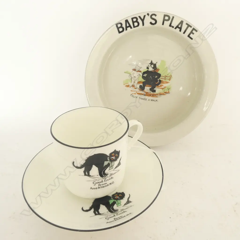 BLACK CAT - ARCADIAN CHINA CUP & SAUCER  'GOOD LUCK FROM AUCKLAND, NZ' + BABY'S PLATE 'FELIX TAKES A WALK' Image 1++