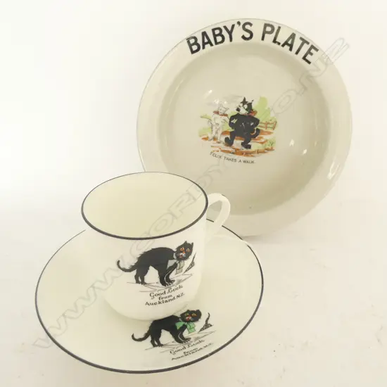 BLACK CAT - ARCADIAN CHINA CUP & SAUCER  'GOOD LUCK FROM AUCKLAND, NZ' + BABY'S PLATE 'FELIX TAKES A WALK'