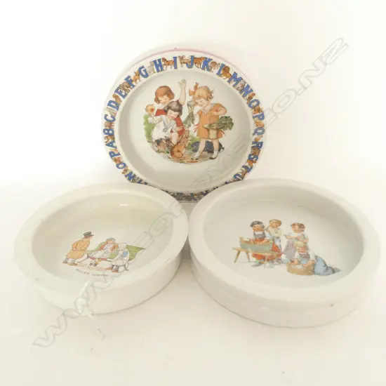 3 BABY'S PLATES - GRIMWADES 'DOLLY'S DOCTOR' 8MM CHIP TO RIM & 2 UNMARKED - FEEDING BUNNYS & DOING THE WASHING