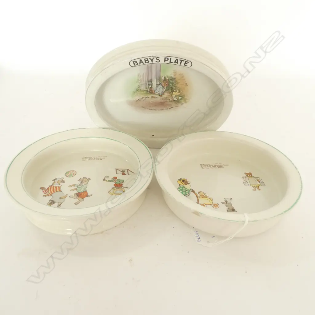 3 BABY'S PLATES - NELSON WARE DOGGY FOOTBALL, PUPPIES & TEDDY AND GRIMWADES PETER RABBIT Image 1++
