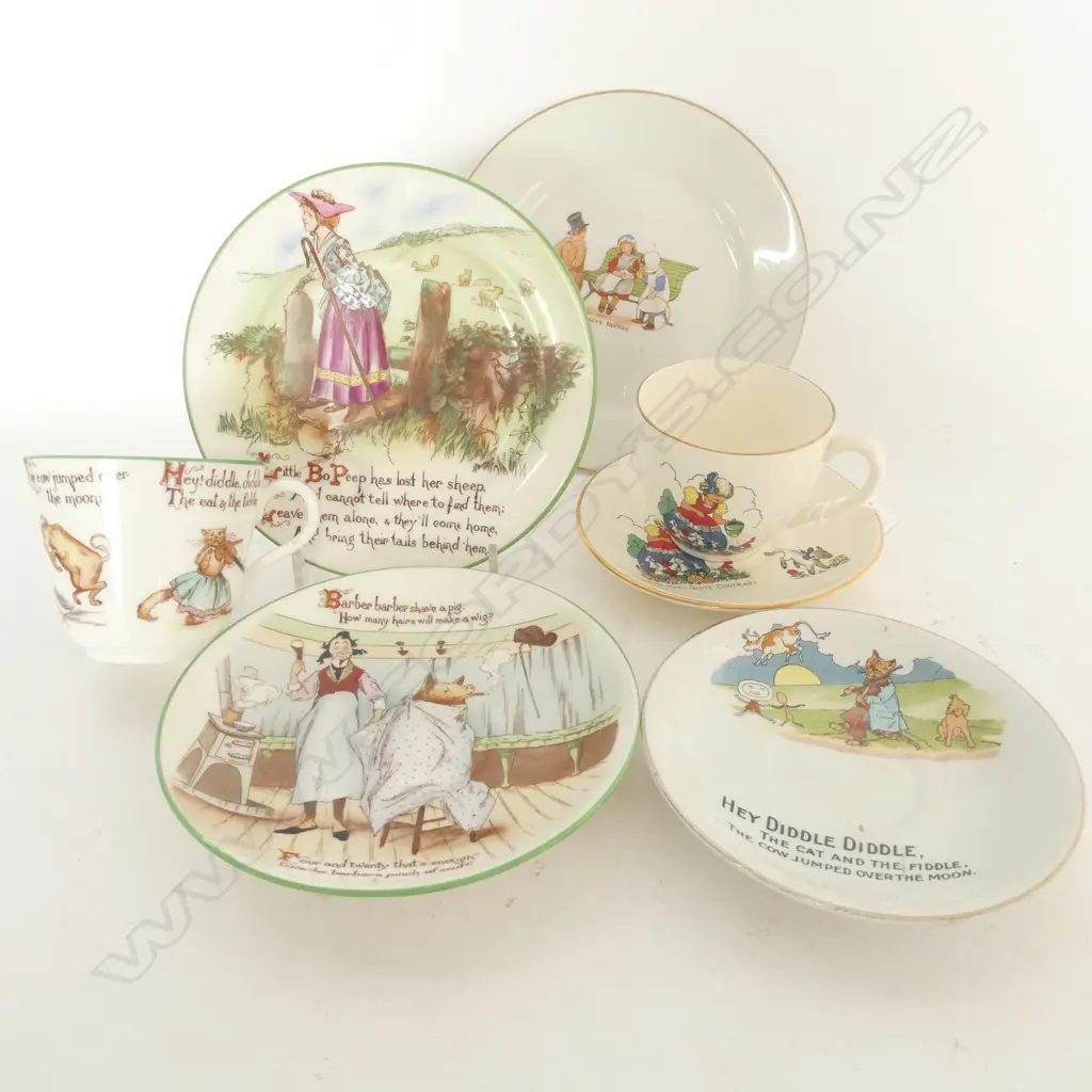 NURSARY RHYMES CHINA CUPS & SAUCERS, ANOTHER SAUCER & 2 SMALL PLATE Image 1++