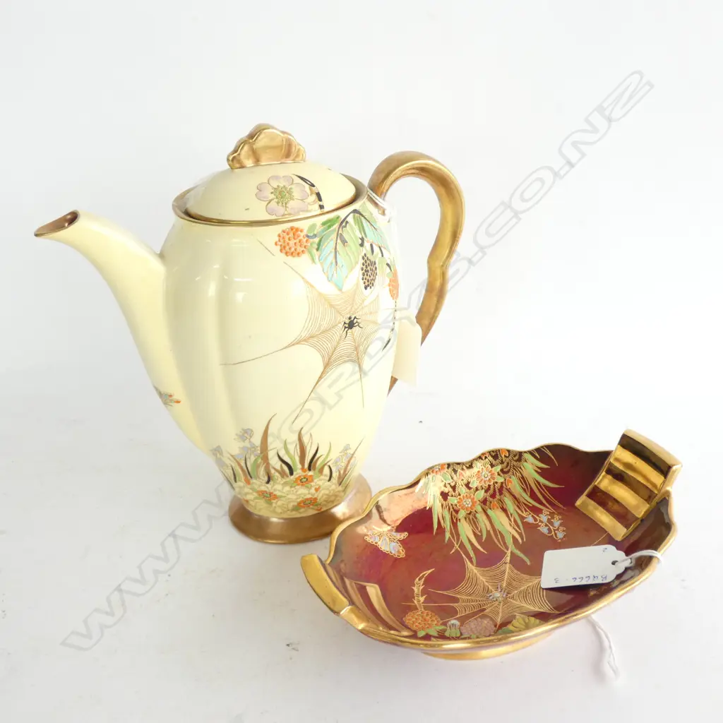CARLTON WARE YELLOW COFFEE POT & ROUGE ROYALE DISH BOTH IN 'SPIDER'S WEB' PATTERN Image 1++