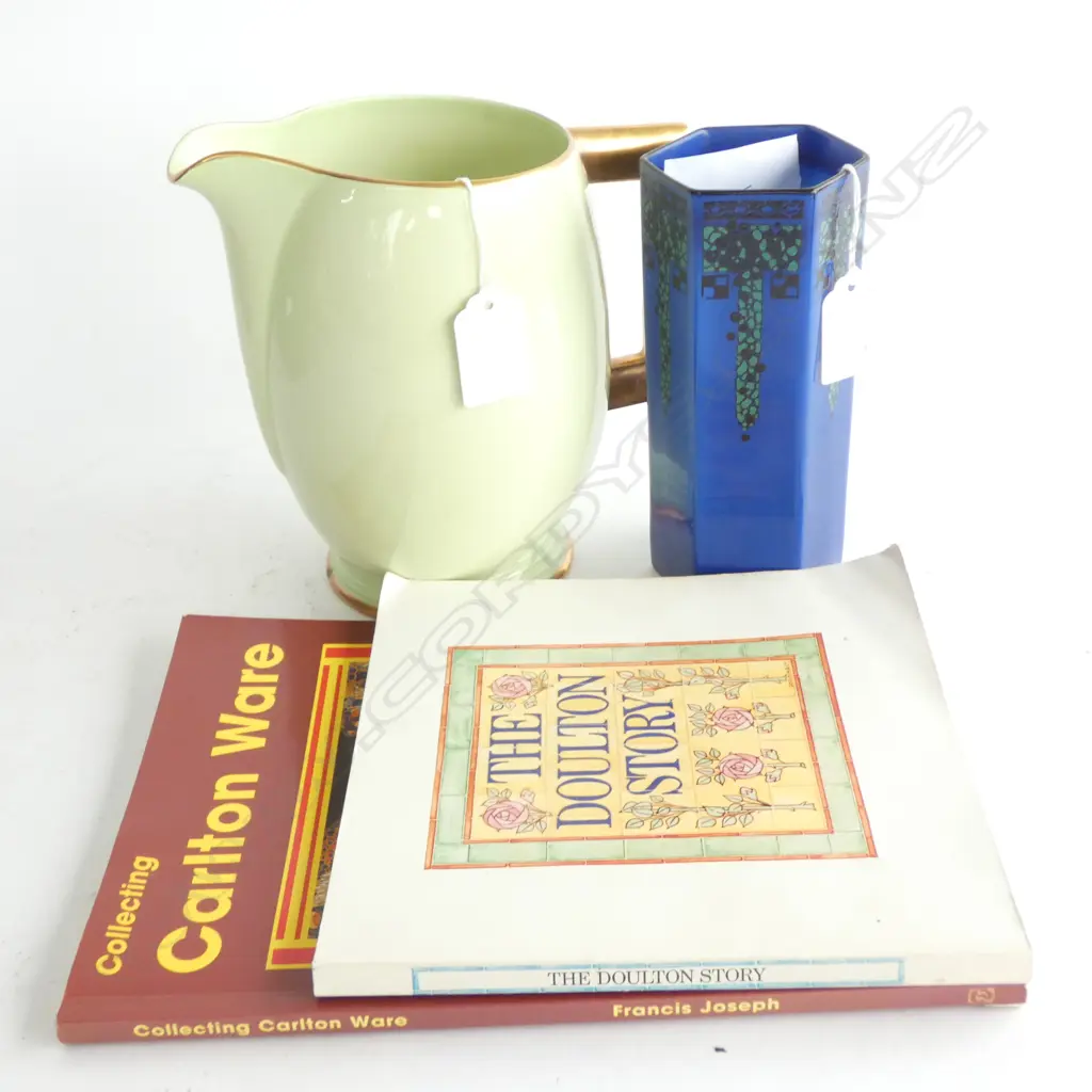 CARLTON WARE GREEN GLAZE JUG & DOULTON ART NOUVEAU HEXAGONAL VASE (H.150mm) + 2 SMALL COLLECTORS' BOOKS Image 1++