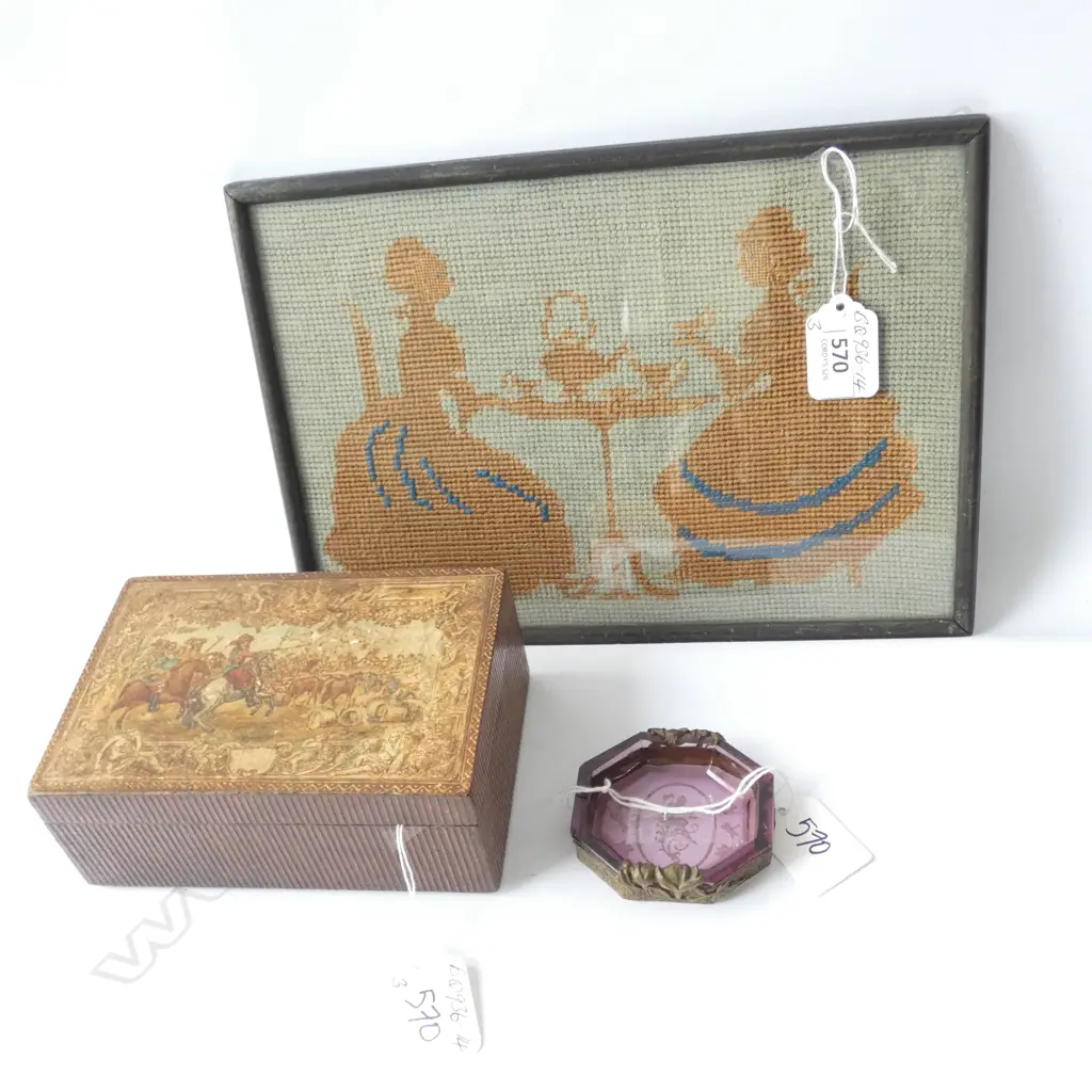 3 ITEMS: EMBROIDERED TEA PARTY PANEL. BOX. GLASS DISH Image 1++