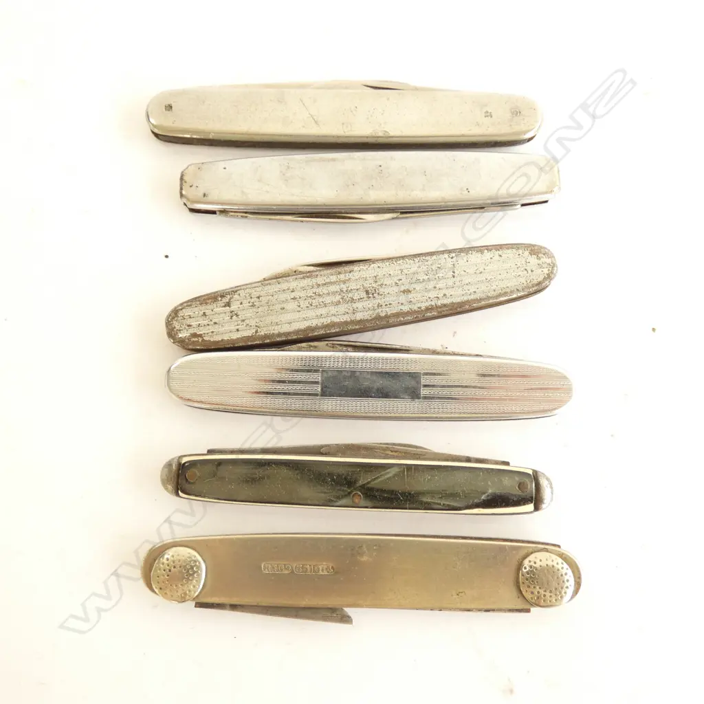 BAG SIX ASSORTED SM MOSTLY 2 BLADED PEN KNIVES; CELLULOID / STAINLESS STEEL NICKEL & SILVER SCALED Image 1++