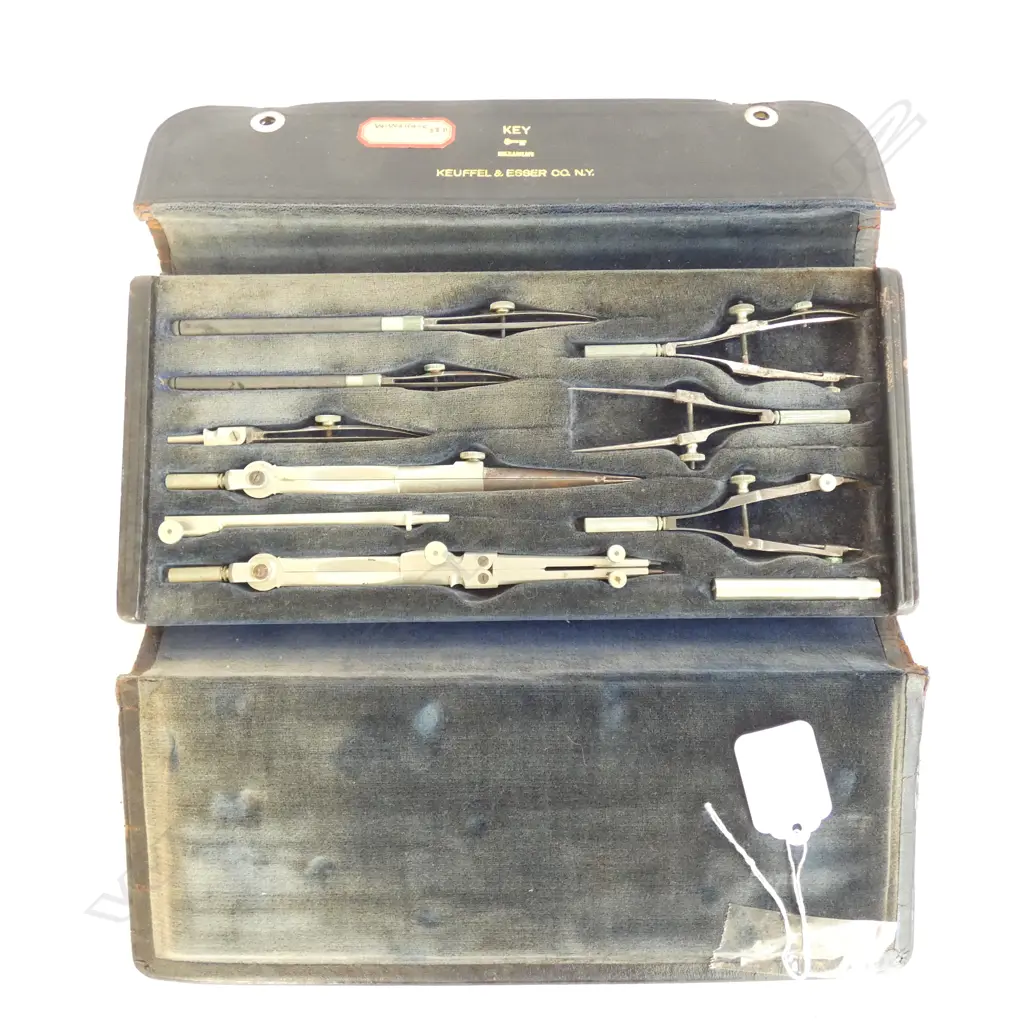 NICKEL SILVER & STEEL 10 PCE KEUFFEL & ESSER NY DRAFTING SET IN LEATHERETTE CASE Image 1++