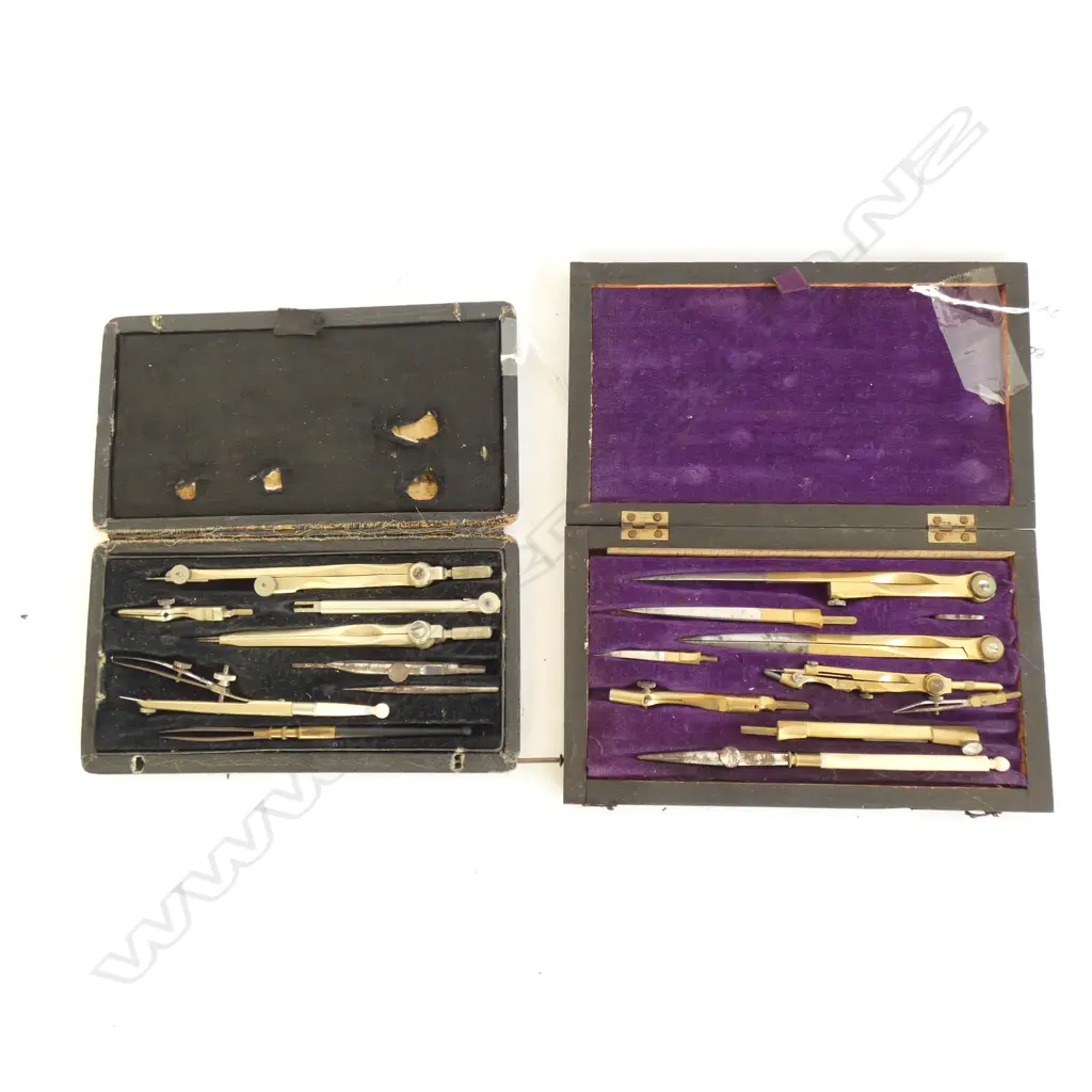 TWO OLD BRASS & STEEL DRAUGHTING SETS  - 1 WOODEN BOX / 1 LEATHER CASE Image 1++