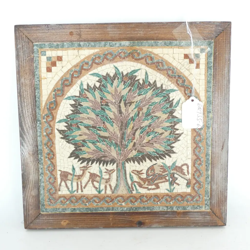 OLD MICROMOSAIC TILE TREE OF LIFE 200MM SQ. FRAMED Image 1++