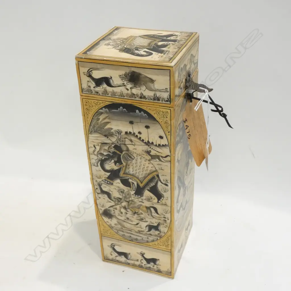 BONE DECORATED WINE BOTTLE BOX - ELEPHANTS ETC. H. 350MM Image 1++