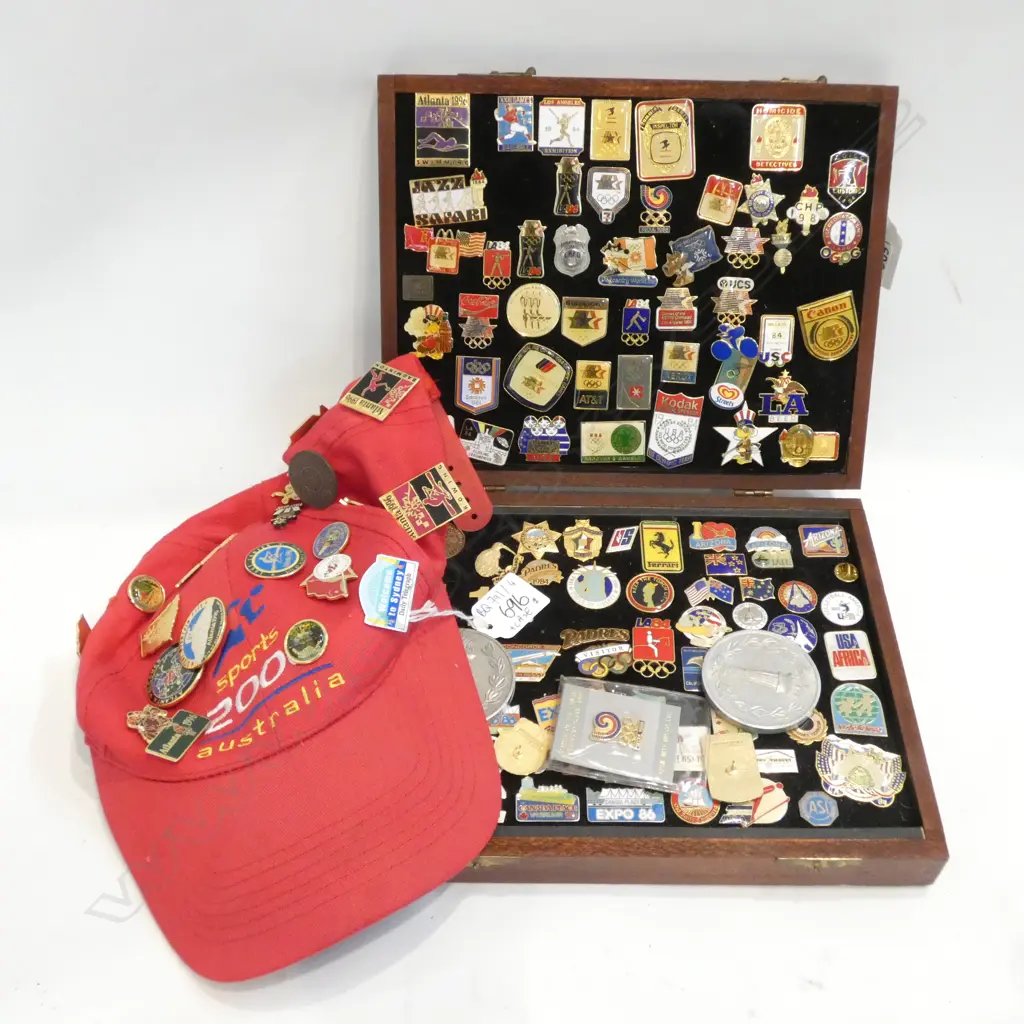 ASST. OLYMPIC BADGES & PINS IN CASE & HAT Image 1++