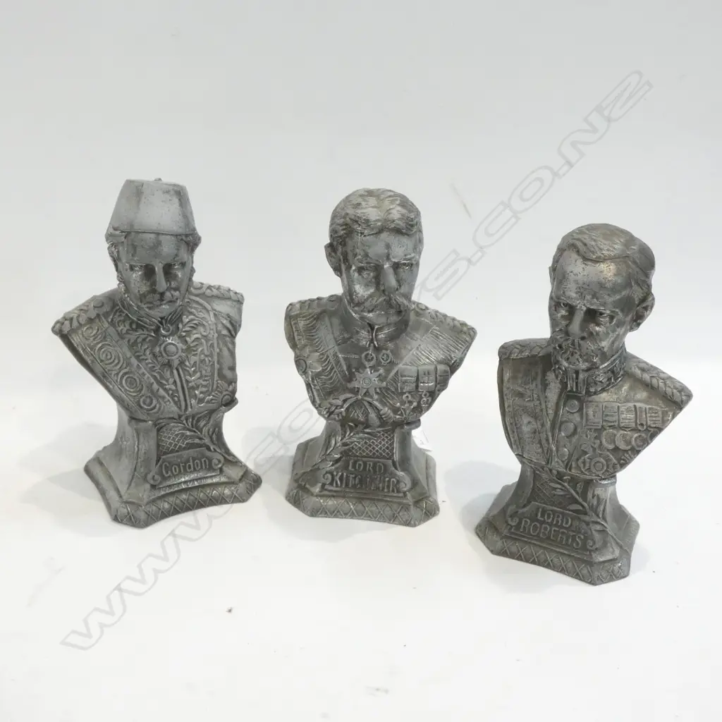 3 SPELTER BOER WAR BUSTS; LORD KITCHENER, LORD ROBERTS, GORDON H. 165MM Image 1++