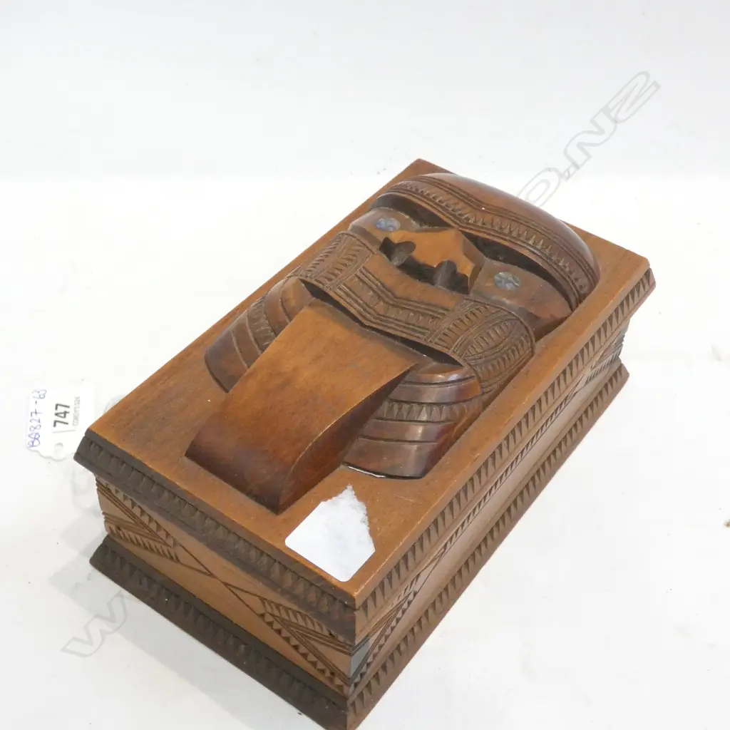 WOODEN CARVED BOX WITH MAORI TIKI CARVING - 180 X 100MM - HINGED LID Image 1++