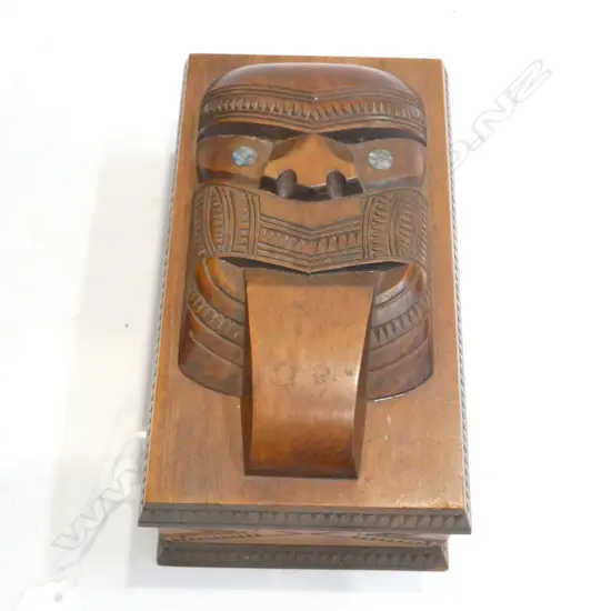 WOODEN CARVED BOX WITH MAORI TIKI CARVING - 180 X 100MM - HINGED LID