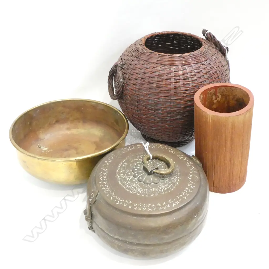 JAPANESE WICKER BASKET / BAMBOO VASE / BRASS ROTI BOX & BOWL DIA. 215MM Image 1++