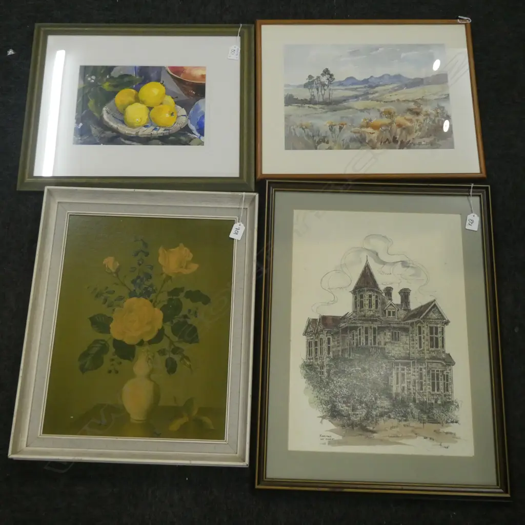 4 ARTWORKS; BIDEHALL DELPHI W/C 255 X 360, BARTH AYNSLEY 'LEMONS' W/C, FLORAL PRINT, KERITANE MT ALBERT PRINT Image 1++