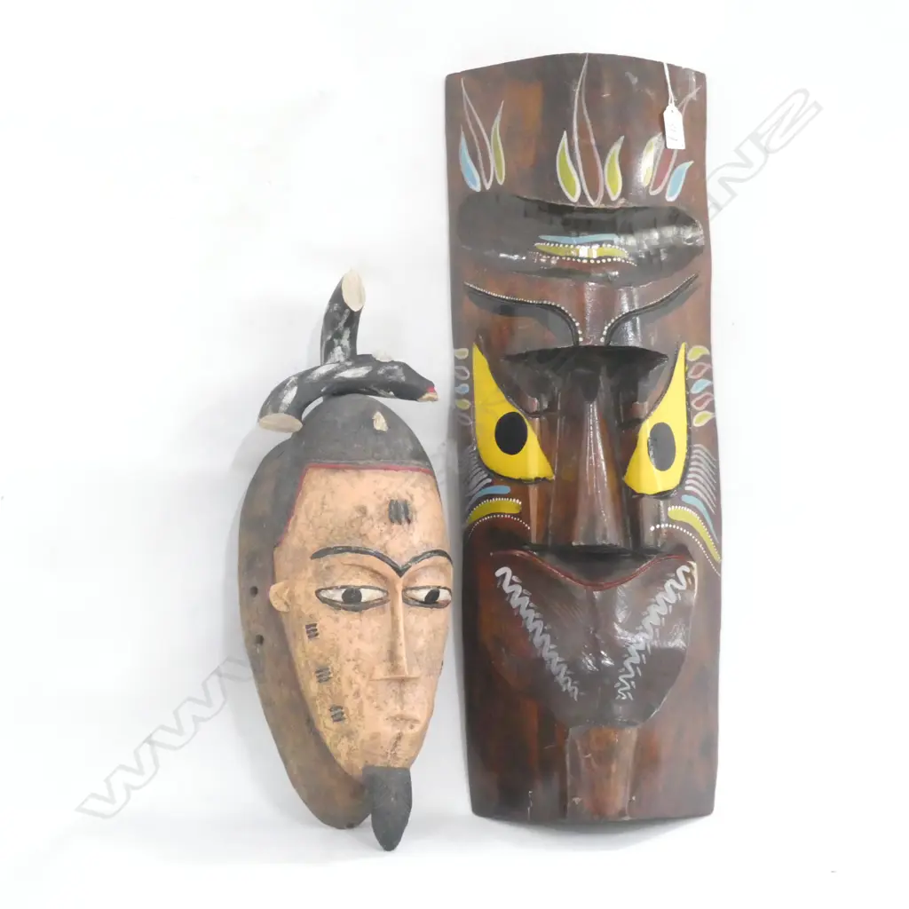 TWO TRIBAL WALL MASKS; ONE NEEDING SM REPAIR - LARGEST L. 600MM Image 1++