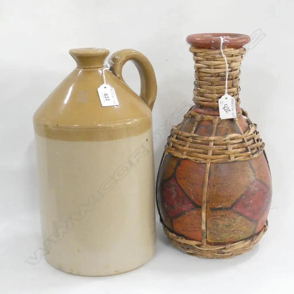 OLD STONEWARE CROCK (H. 340MM) & POTTERY VASE W.WOVEN CANE (H.240MM) Image 1++