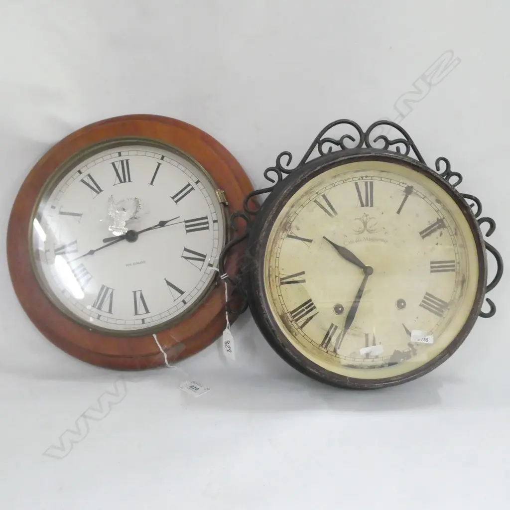 2 OLD WALL CLOCKS - 1 WOODEN FRAMED - DIA 325MM Image 1++