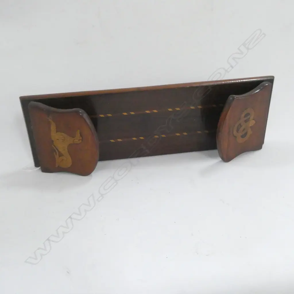 OLD WOODEN FOLDING BOOKSTAND - INLAID DETAILING. GREYHOUND & SNAKE AT ENDS. L.245MM Image 1++