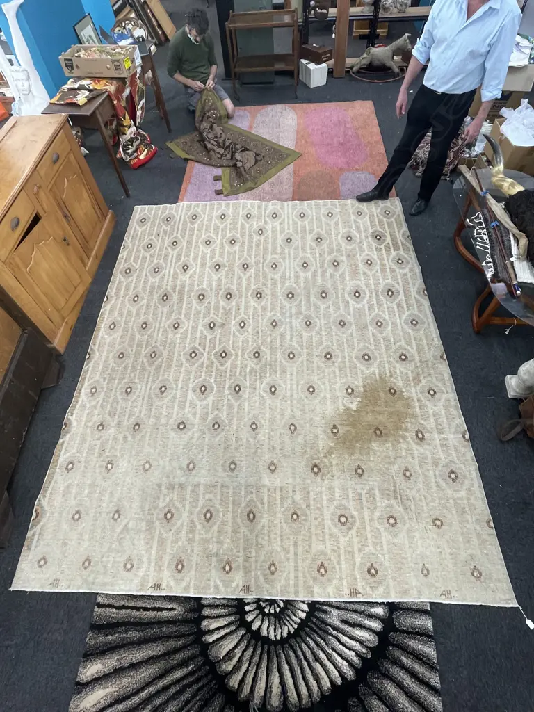 HAND KNOTTED GEOMETRIC RUG FADED, STAINED 3120 X 2480MM Image 1++