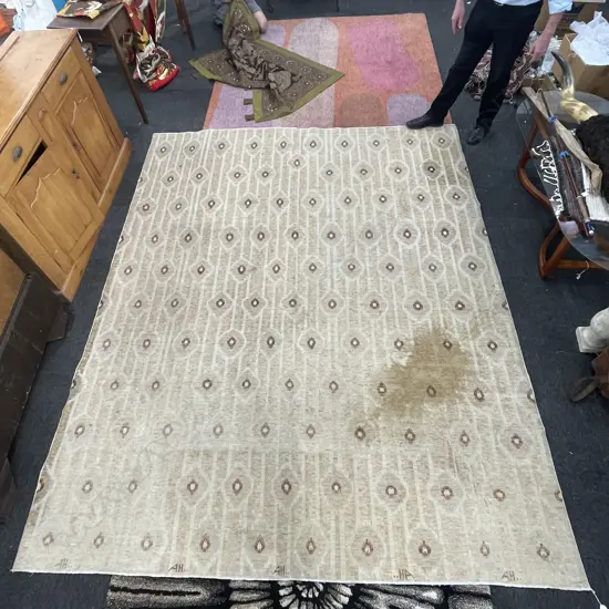 HAND KNOTTED GEOMETRIC RUG FADED, STAINED 3120 X 2480MM