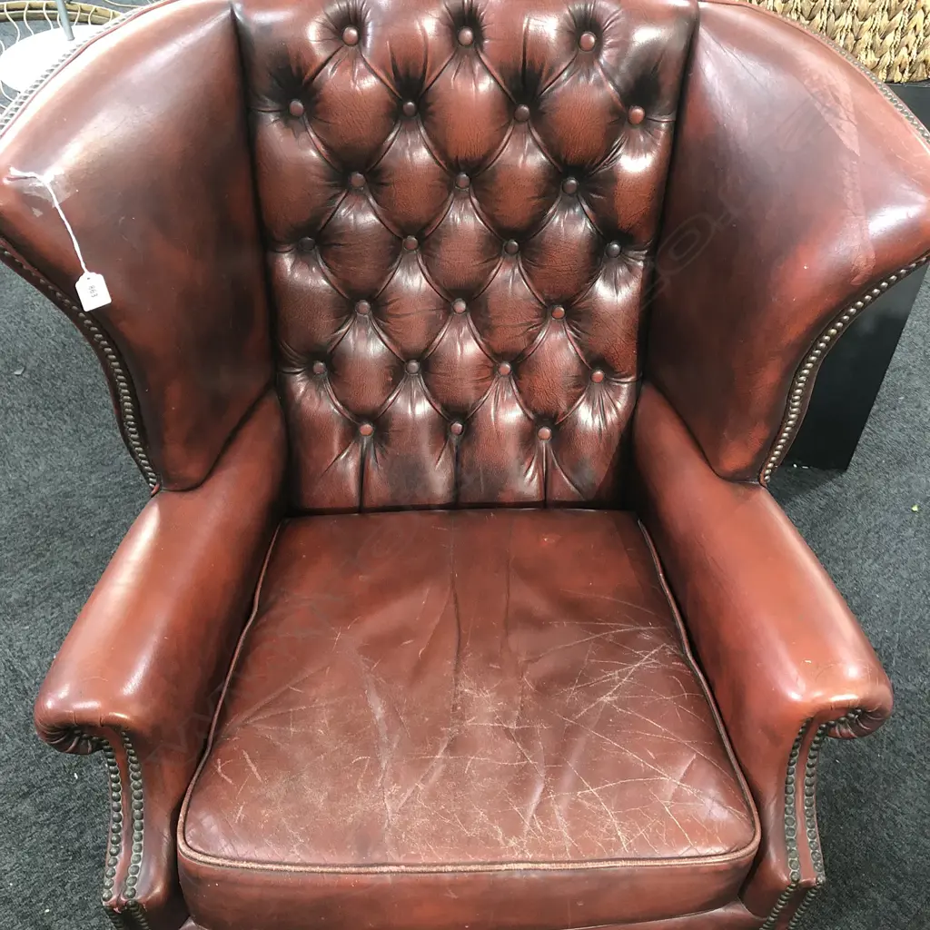 MAROON LEATHER WING CHAIR BUTTONED BACK Image 1++