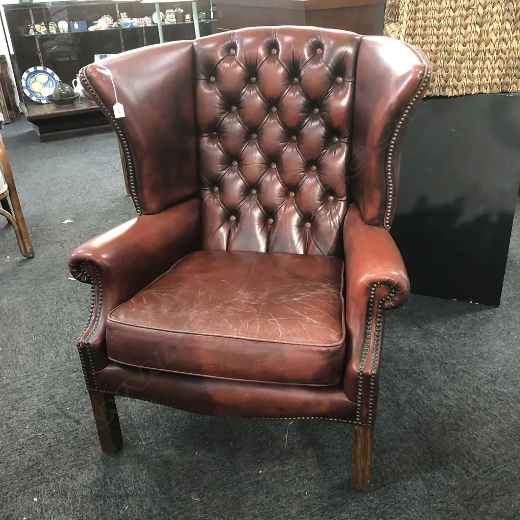 MAROON LEATHER WING CHAIR BUTTONED BACK Image 1++