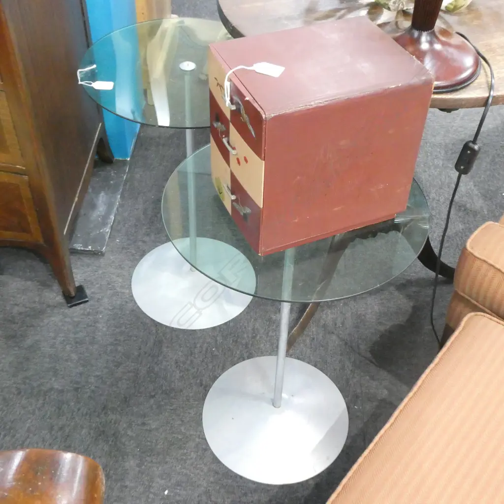PR ROUND SMOKY GLASS TOPPED OCCASSIONAL TABLES. METAL BASE. DIA. 400MM Image 1++