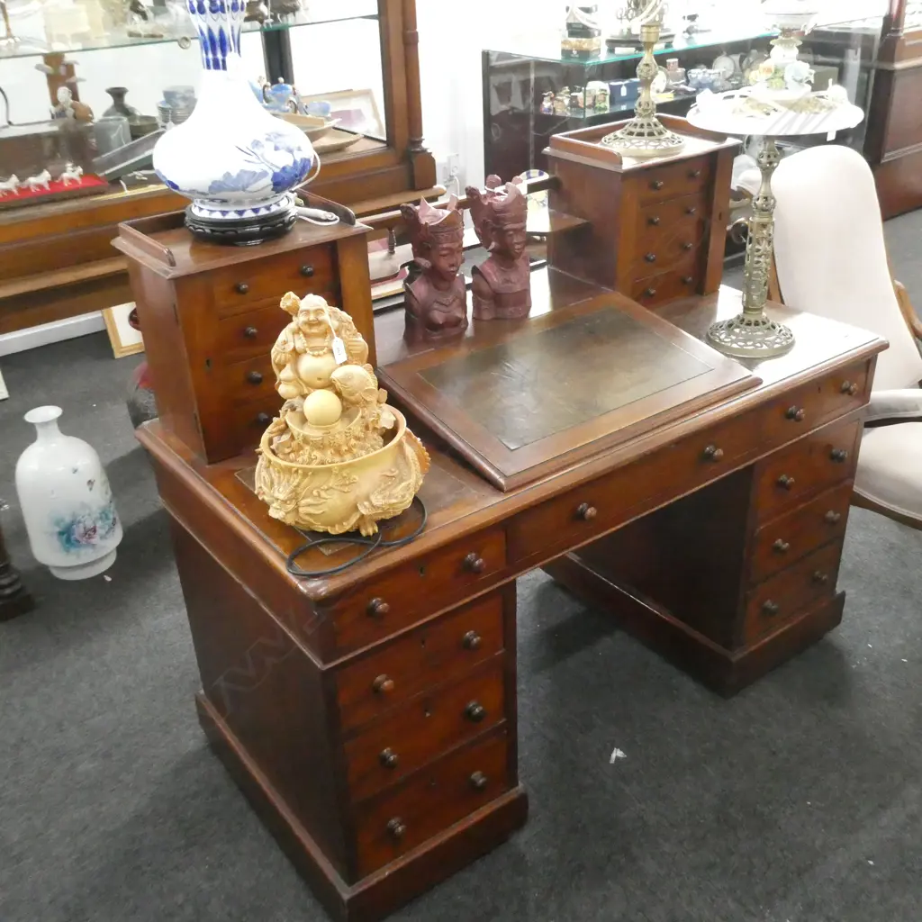 VICTORIAN MAHOGANY 'DICKENS' TYPE DESK TWIN PEDESTAL Image 1++