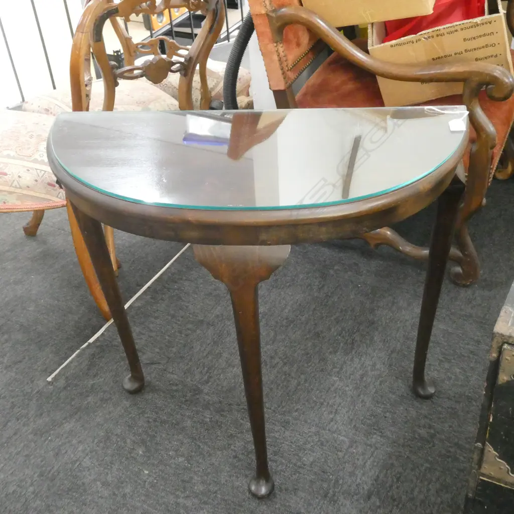 CABRIOLE LEG DEMILUNE TABLE GLASS TOP W. 750 D. 315 H. 710MM Image 1++