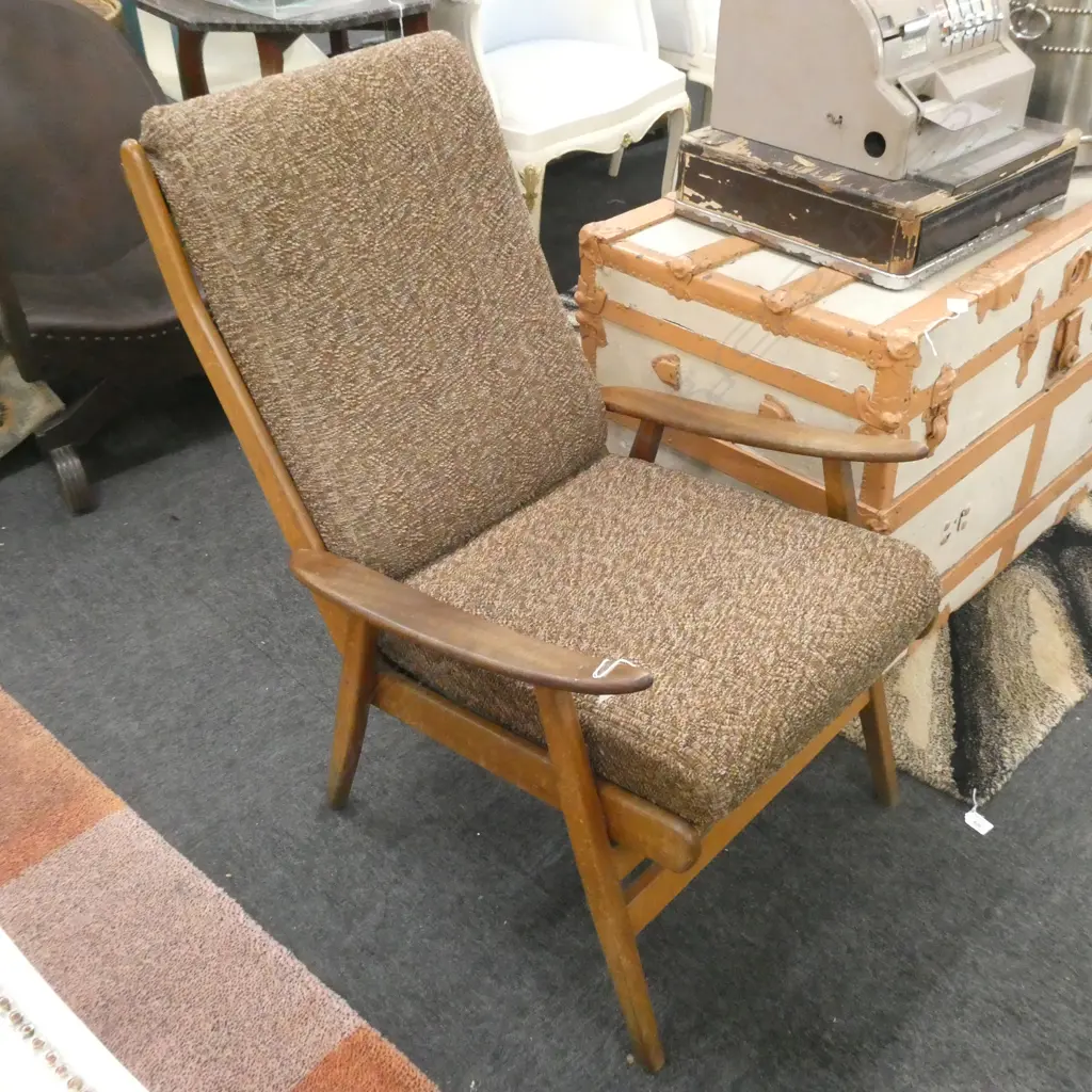 MID CENTURY WOODEN CHAIR UPHOLSTERED Image 1++