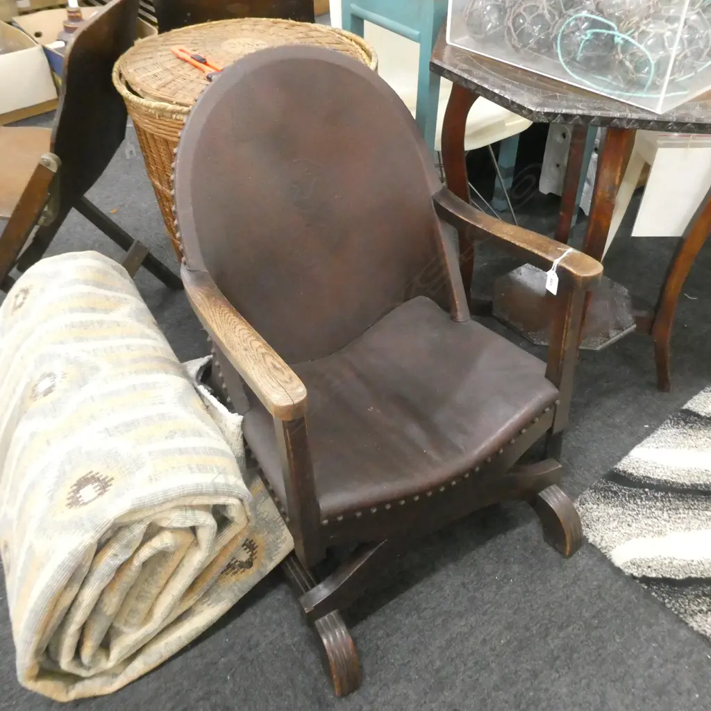 1930S OAK & VINYL FIRESIDE CHAIR COPPER STUDS Image 1++