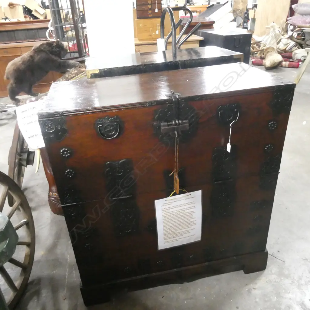BANDAJI KOREAN BLANKET CHEST CA. 1930  CEDAR WOOD WITH IRON FITTINGS 960 X 450 X 1035MM Image 1++