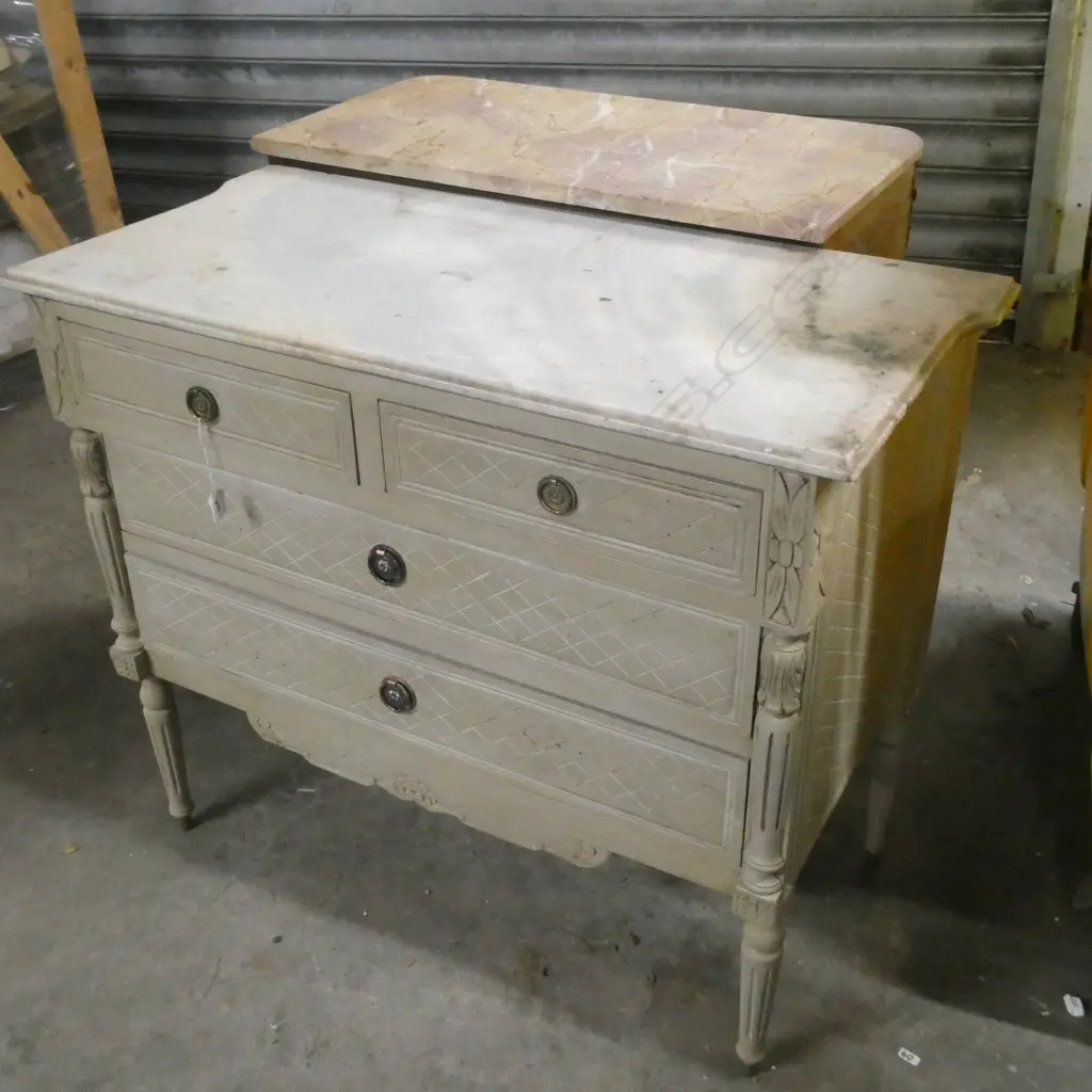 FRENCH STYLE PAINTED CHEST OF DRAWERS MARBLE TOP H. 820MM W. 980MM Image 1++