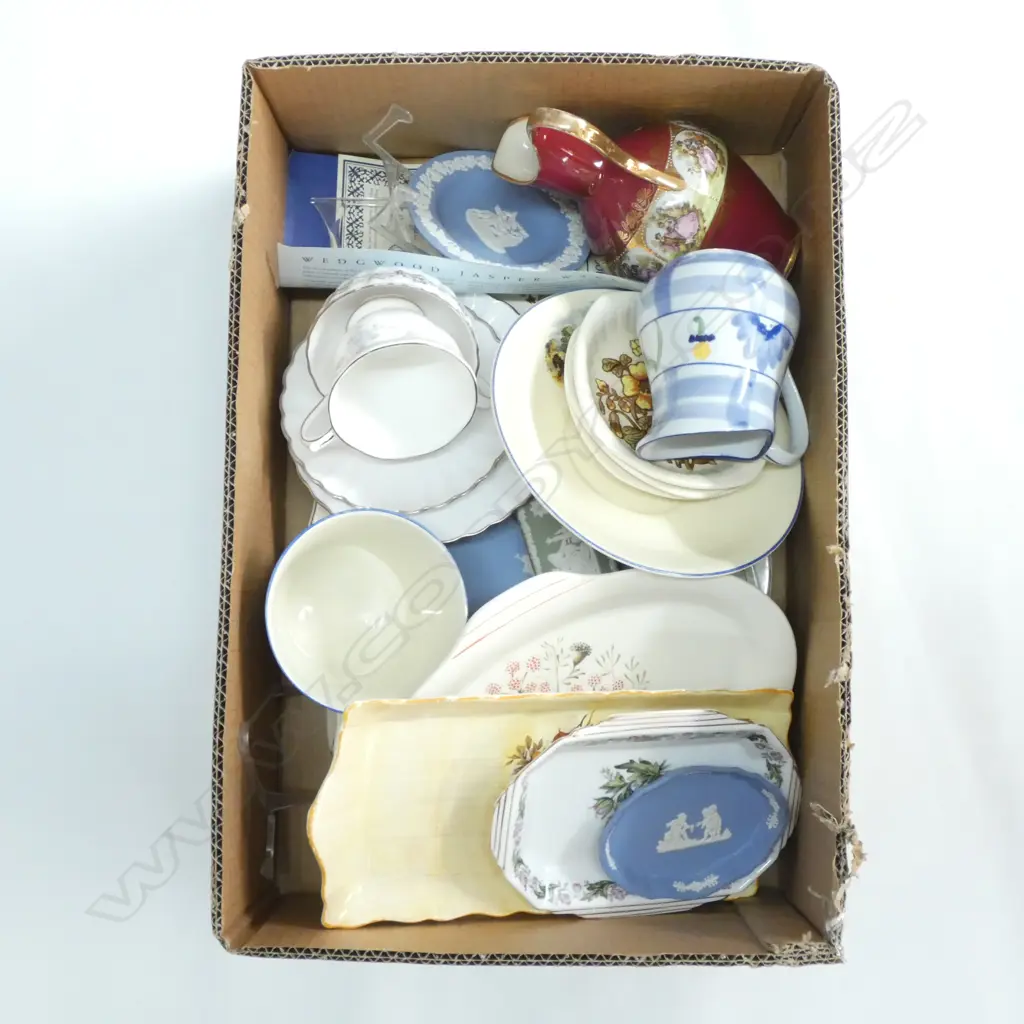 BOX LOT ASSORTED CHINA  INCL. WEDGWOOD JASPERWARE Image 1++