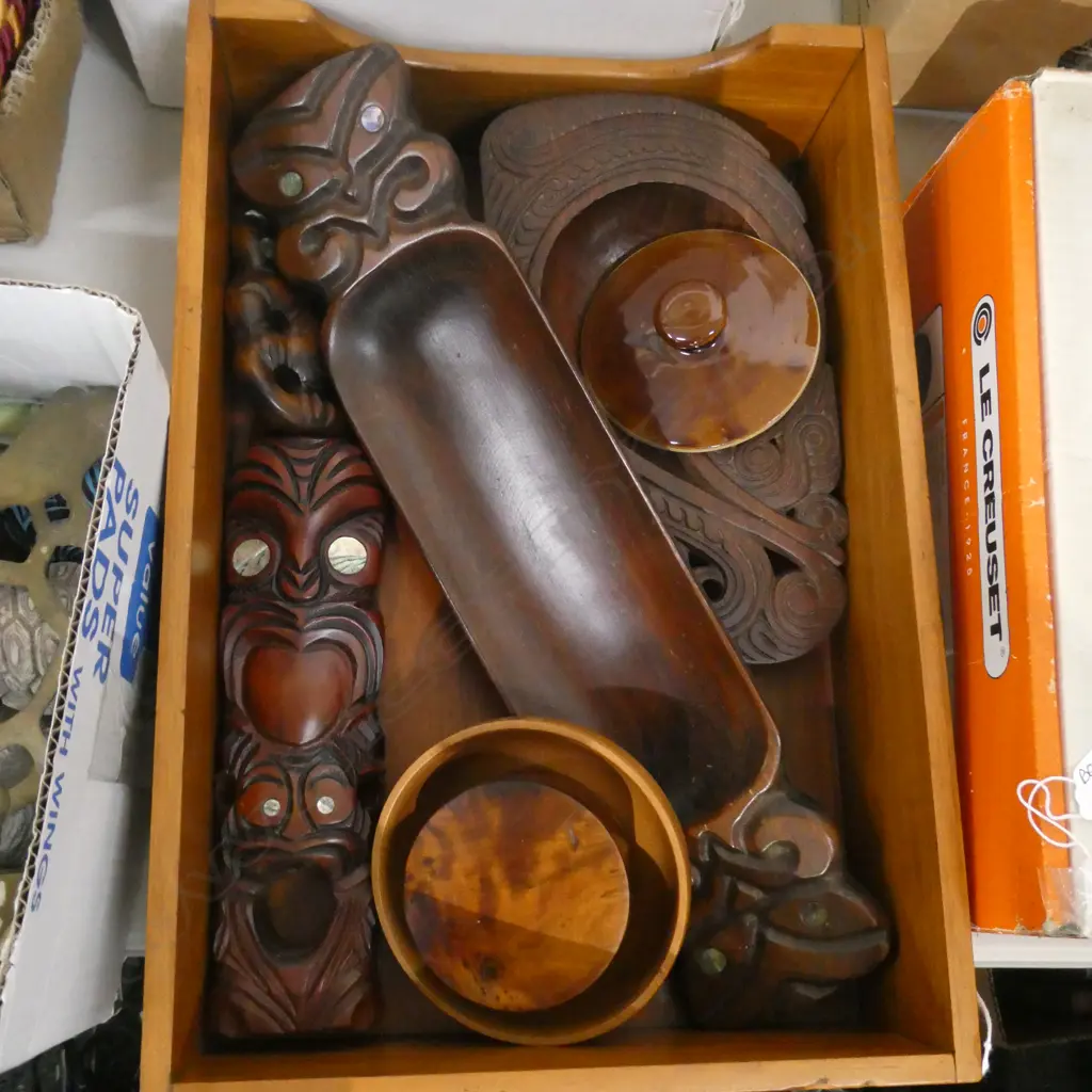 RIMU TRAY & ASST. CARVED WOODEN MAORI PCES Image 1++