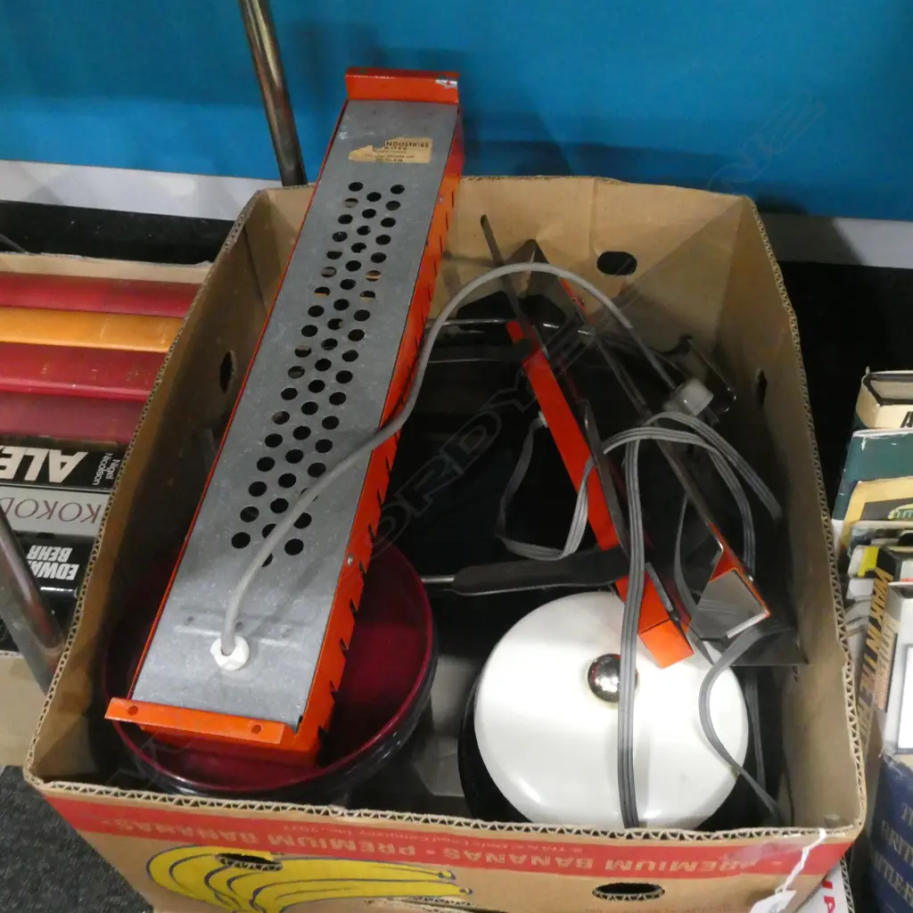 BOX MISC. INCL 2 ORANGE RETRO WALL HEATERS, ICE BUCKETS ETC. Image 1++