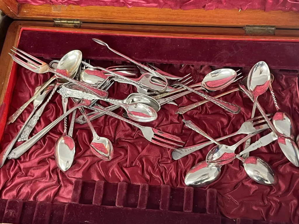 BOX LOT ASST. SILVER PLATE, CUTLERY ETC Image 1++