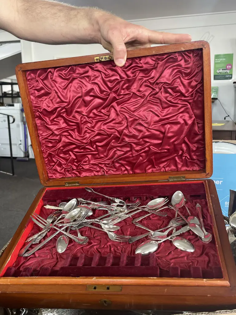 BOX LOT ASST. SILVER PLATE, CUTLERY ETC Image 1++
