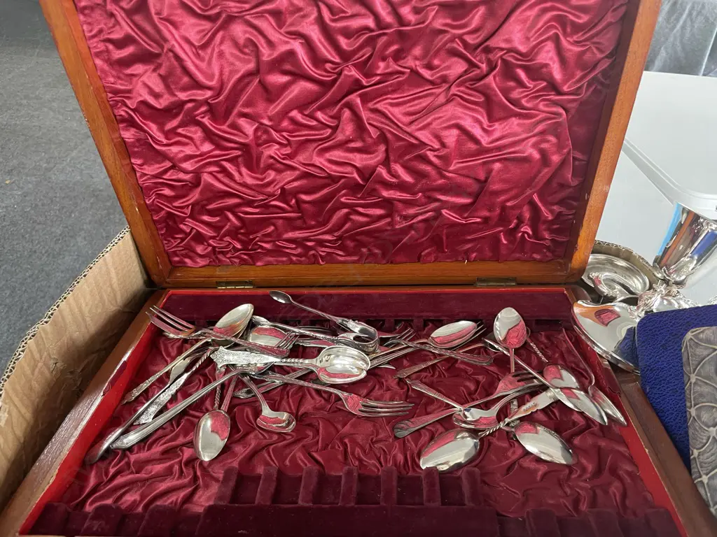 BOX LOT ASST. SILVER PLATE, CUTLERY ETC Image 1++
