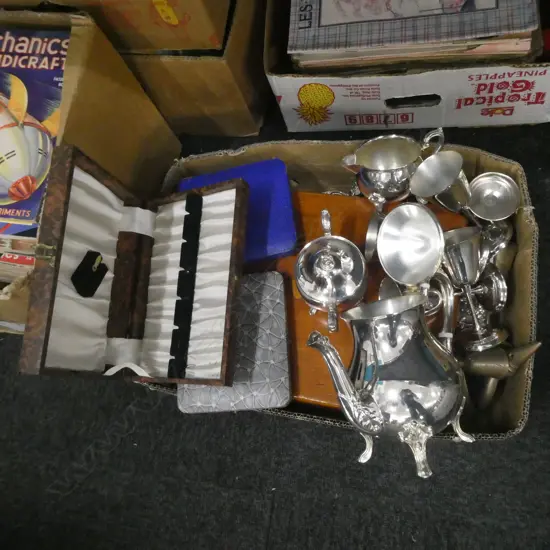 BOX LOT ASST. SILVER PLATE, CUTLERY ETC