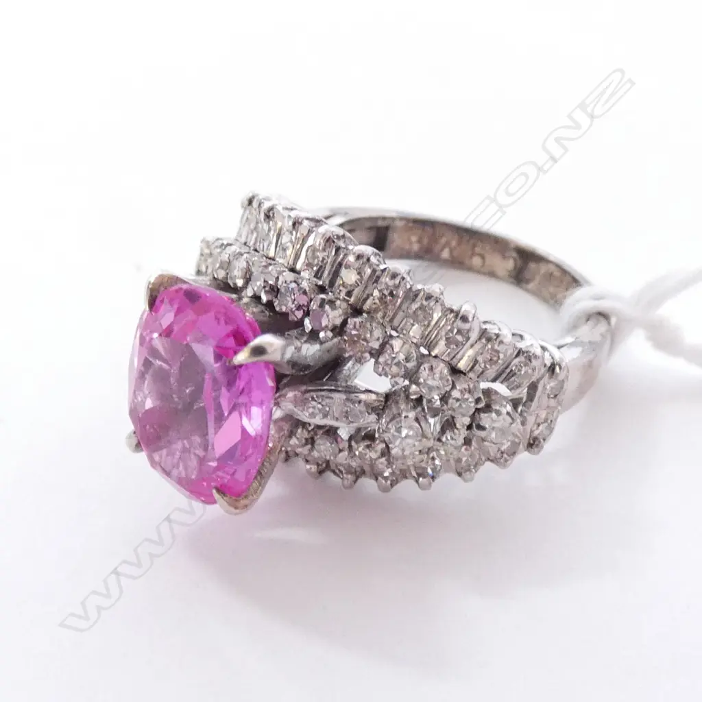 4CT WHITE GOLD SYNTHETIC PINK SAPPHIRE AND DIAMOND RING Image 1++