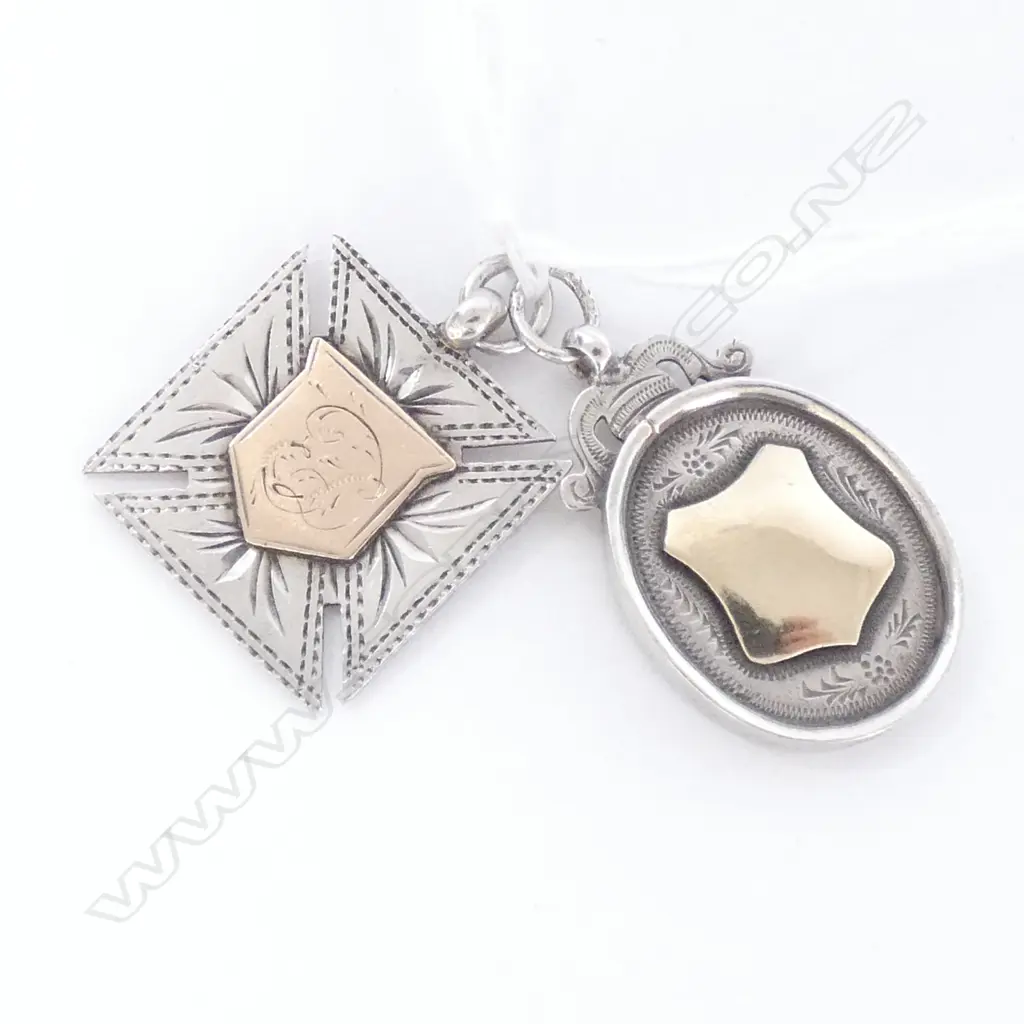 2 ANTIQUE STG SILVER & GOLD PENDANTS Image 1++