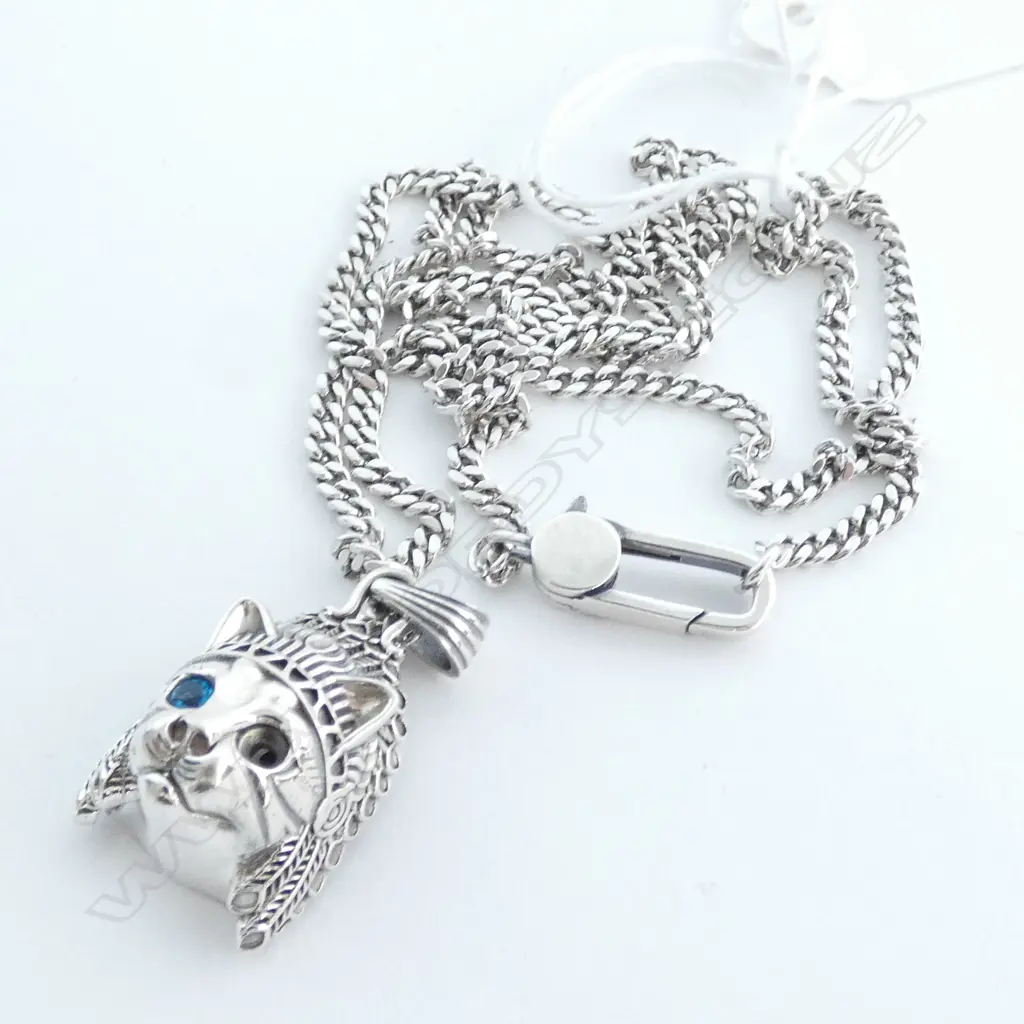 STERLING SILVER NECKLACE FINE CHAIN LINK WITH CAT HEAD PENDANT AF 65MM 31.5GM M 85G Image 1++