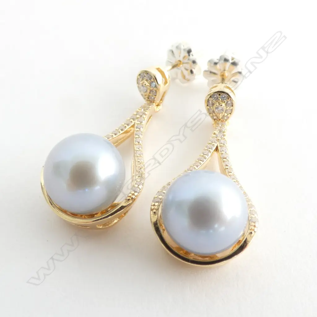 STERLING SILVER EARRINGS GOLD PLATED COLOURED FRESHWATER PEARLS WITH CZ IN DECORATIVE SETTING Image 1++