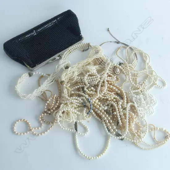 GOOD BAG LOT FAUX PEARL NECKLACES  / CHOKERS & BLACK MESH CLUTCH PURSE 