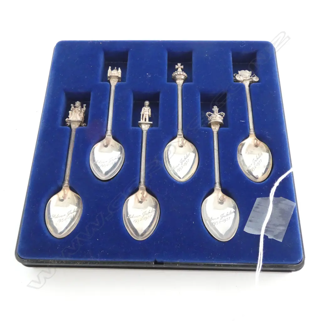 BOXED SET OF 6 SILVER QUEENS JUBILEE TEAPOONS 1977, 86gm Image 1++