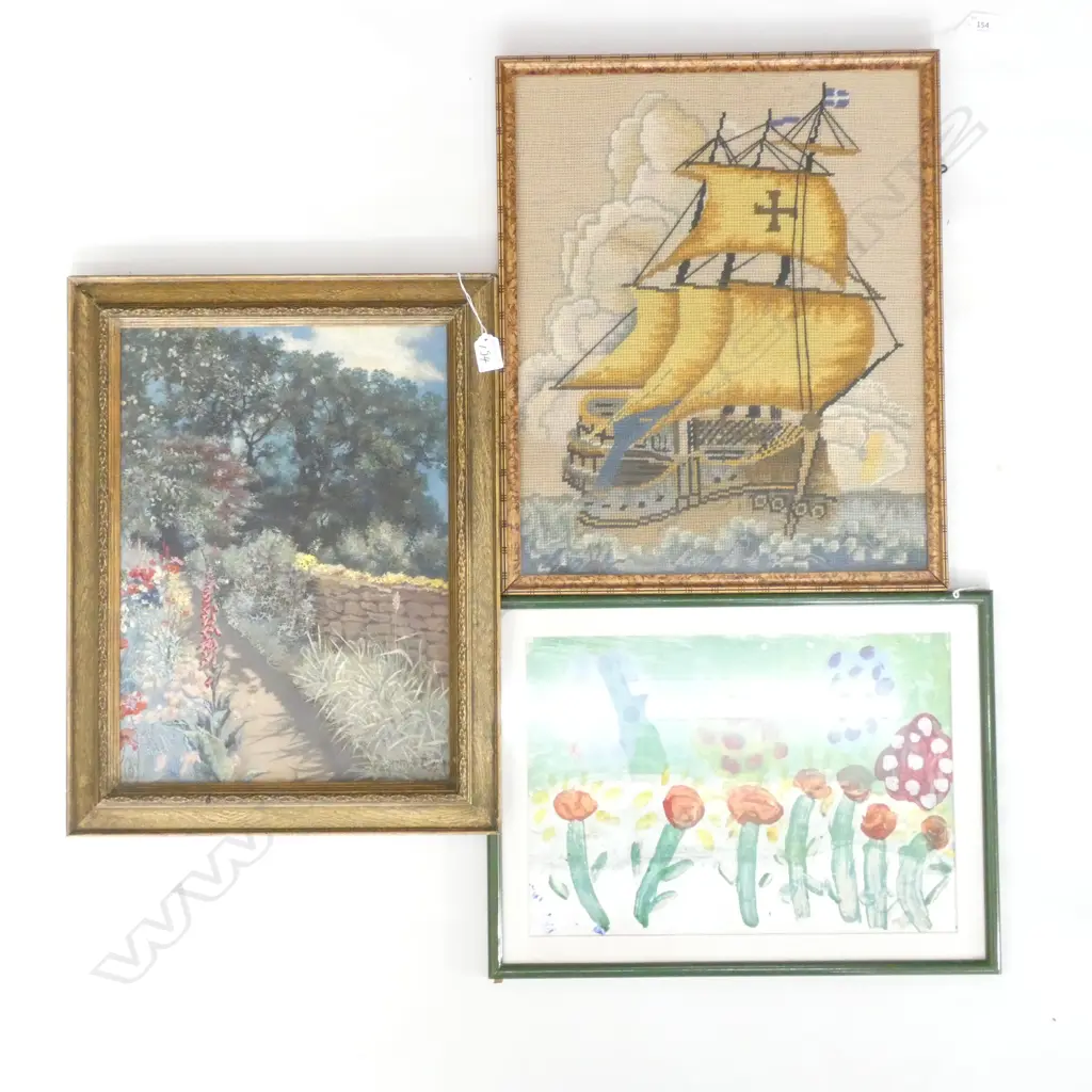 3 ARTWORKS; GALLEON TAPESTRY 485 X 395MM, GARDEN OIL, CHILDS PICTURE Image 1++