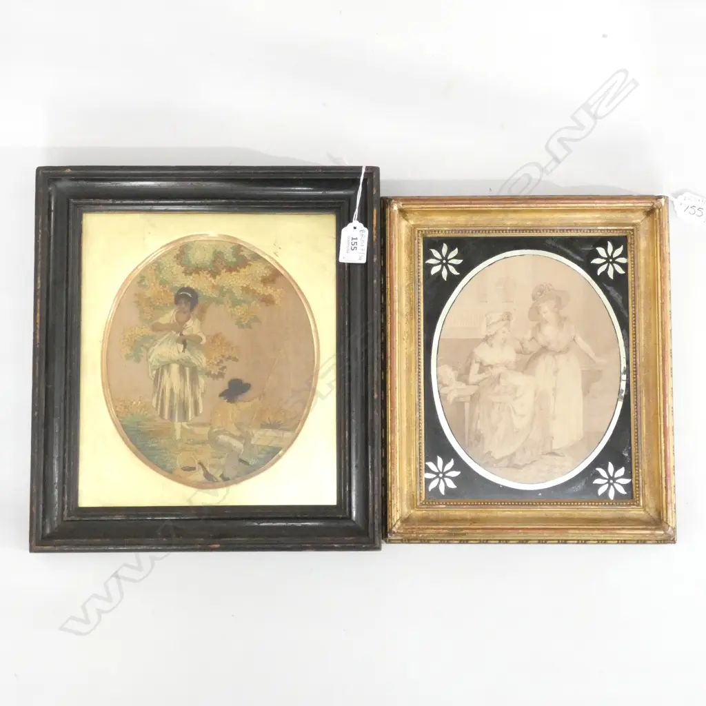 2 ANTIQUE ARTWORKS; EMBROIDED GEORGIAN SATIN STITCH COUPLE 250 X 220MM + PRINT IN REVERSE PAINTED & GILT FRAME Image 1++